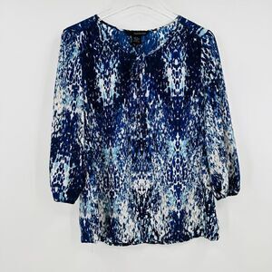 Calvin Klein Size Small Blue & White Animal Print 3/4 Sleeve Popover Blouse Top
